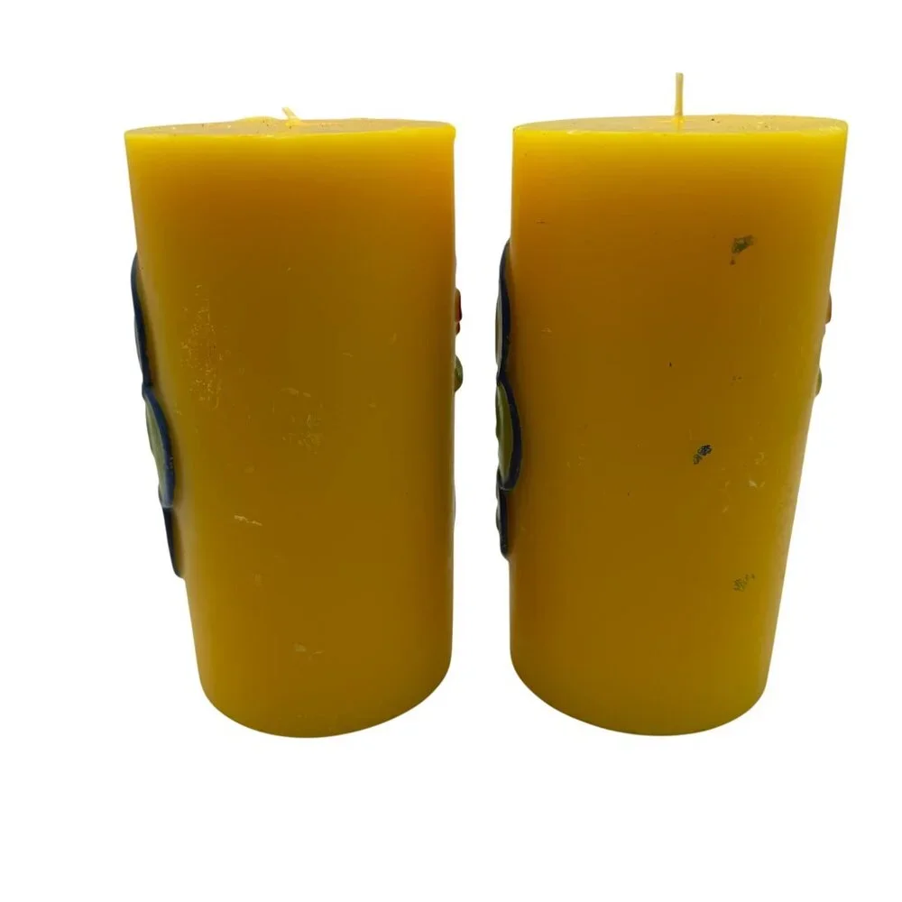 Pier 1 yellow peacock pillar candles‎ set of two summer home decor lake house